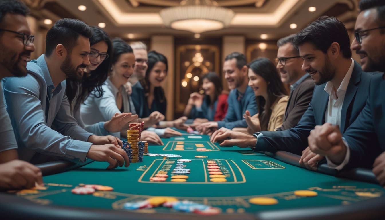 Beberapa orang bermain Casino War Poker di meja kasino dengan kartu dan chip poker di atas meja.