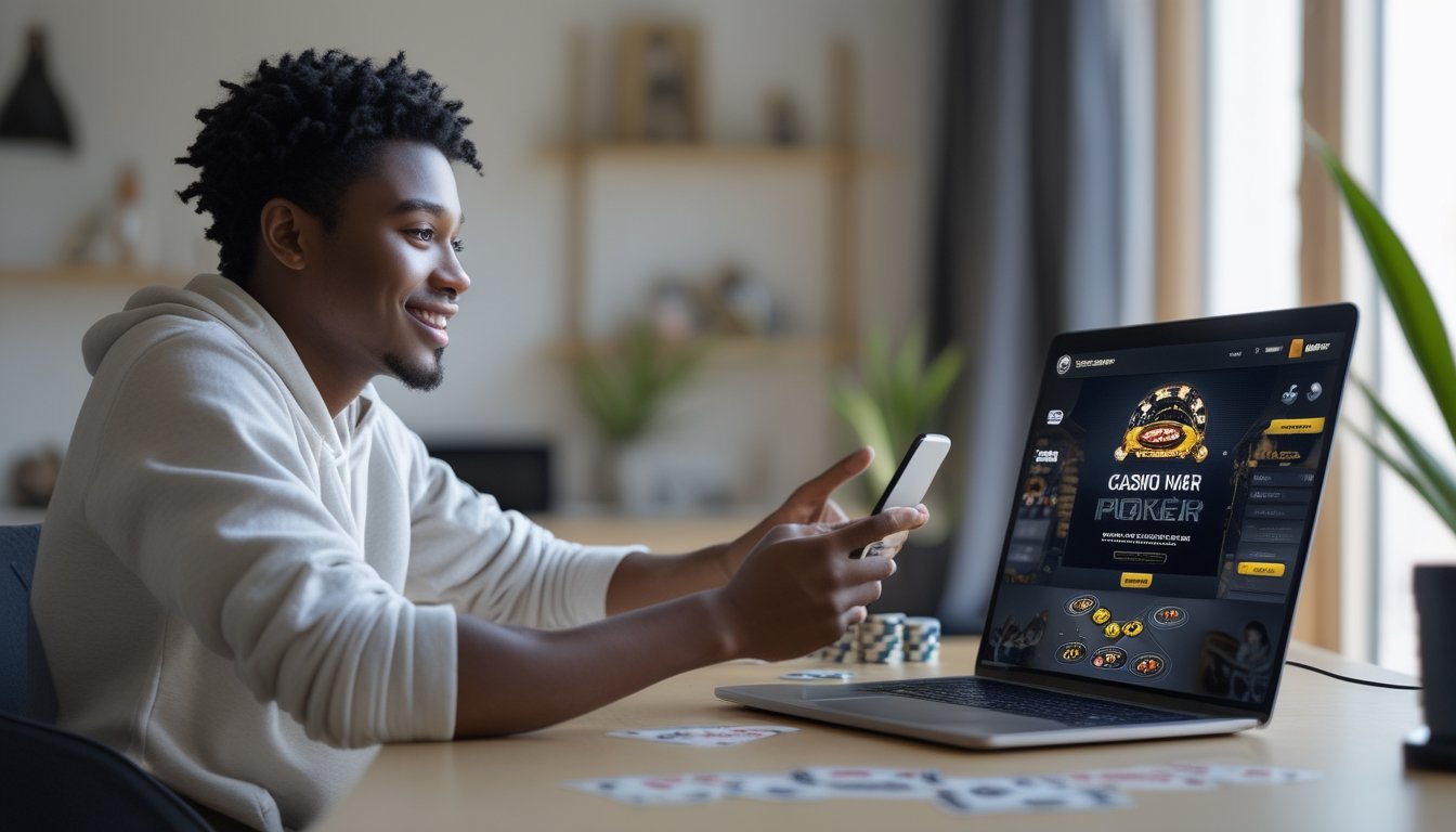 Seorang dewasa muda menggunakan ponsel pintar untuk mendaftar permainan Casino War Poker dengan chip poker dan kartu di meja.