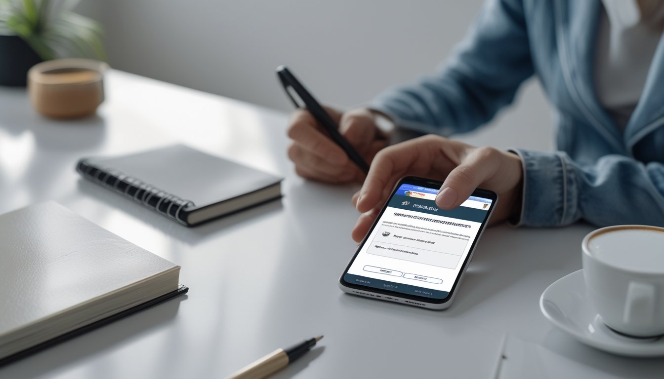Seseorang menggunakan ponsel pintar di meja kerja yang rapi, menyiapkan pendaftaran kasino secara online dengan suasana yang terang dan profesional.