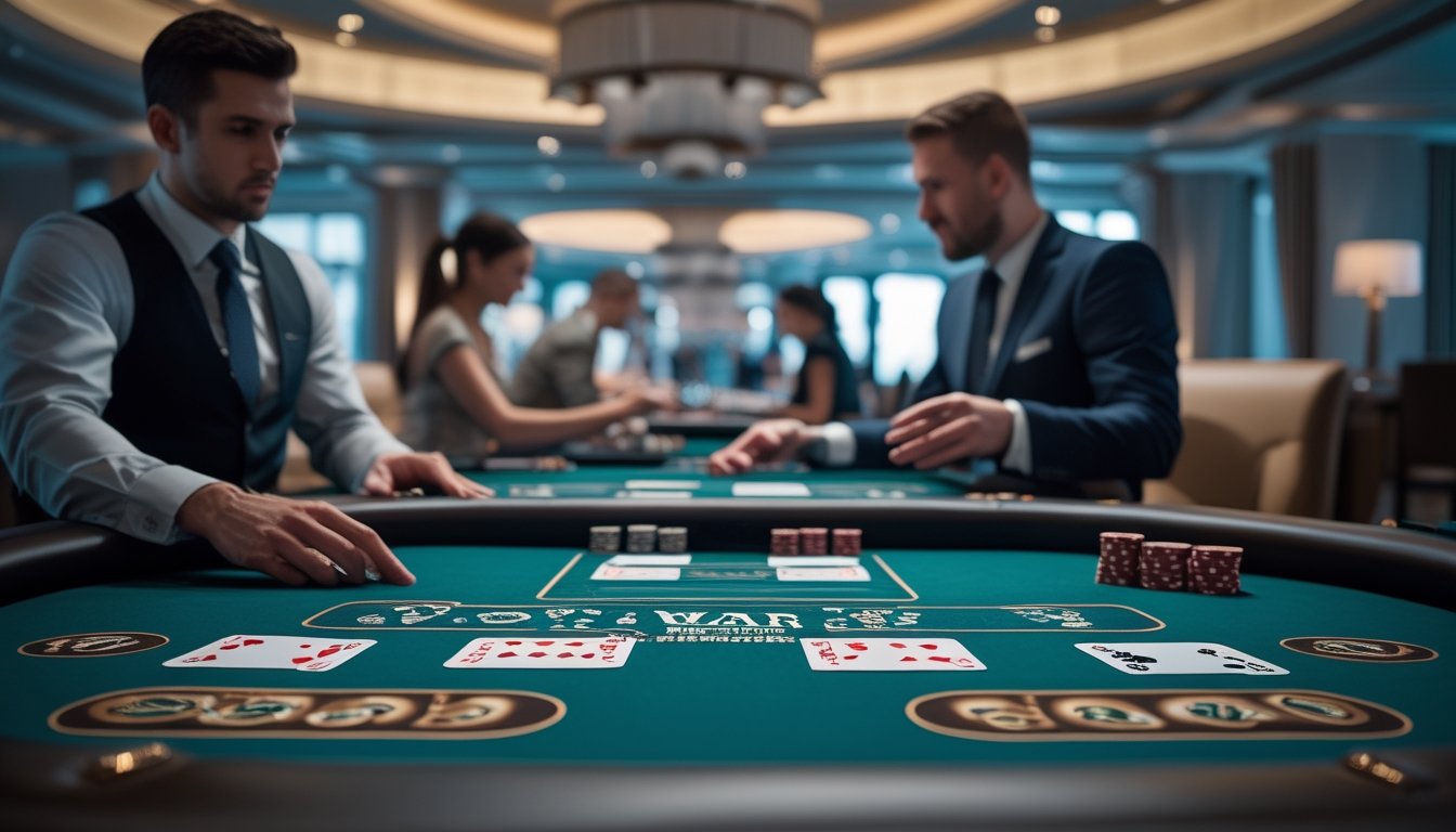 Meja poker di kasino mewah dengan kartu dan chip, dealer sedang membagikan kartu, beberapa pemain fokus bermain di latar belakang.