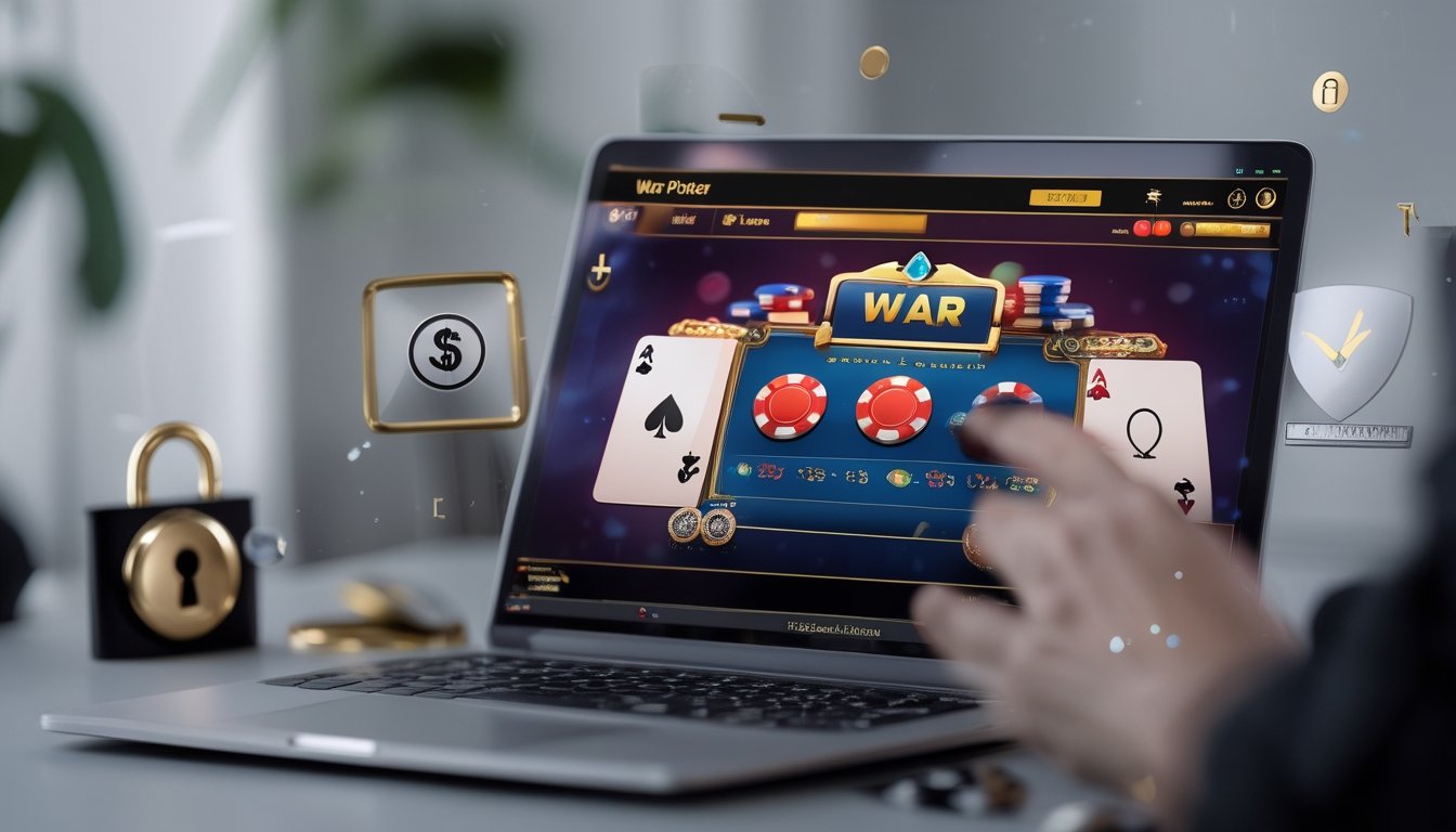 Sebuah layar perangkat digital menampilkan permainan kartu War Poker dengan elemen keamanan di latar belakang di sebuah ruang kerja yang rapi.