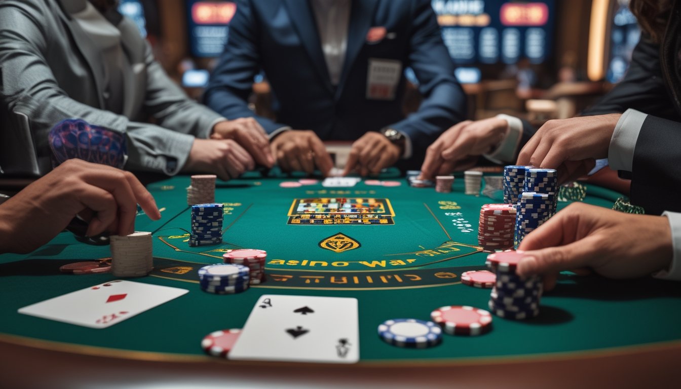 Meja poker kasino modern dengan kartu dan chip taruhan, pemain sedang bertaruh dalam suasana kasino mewah.