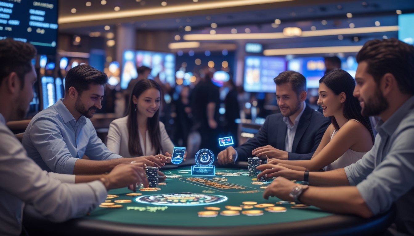 Meja kasino modern dengan pemain yang sedang bermain Casino War Poker, dikelilingi oleh suasana kasino yang ramai dan pencahayaan hangat.