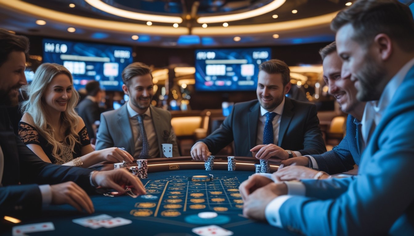 Meja poker dengan kartu dan chip di kasino modern, pemain berpakaian rapi sedang bermain War Poker.
