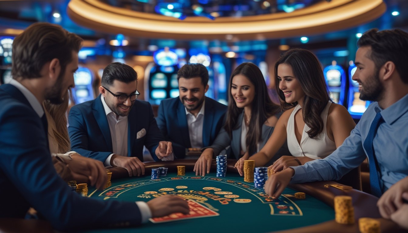 Orang-orang bermain Casino War Poker di meja poker dalam suasana kasino yang modern dan profesional.