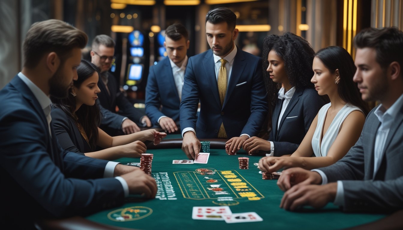 Seorang dealer kartu dan beberapa pemain sedang bermain poker di meja kasino dengan suasana mewah dan lampu hangat.