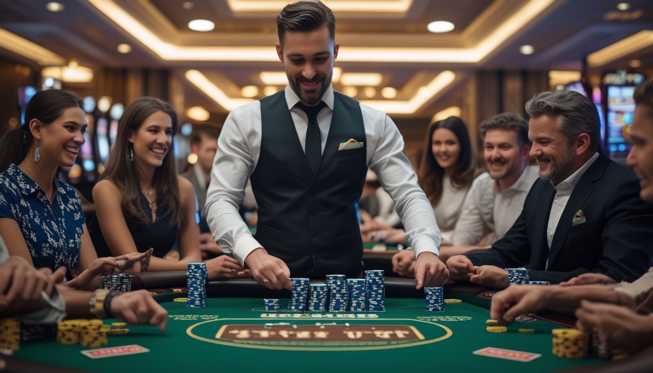 Seorang dealer membagikan kartu di meja poker hijau dengan beberapa pemain yang fokus dan bersemangat di sebuah kasino mewah.