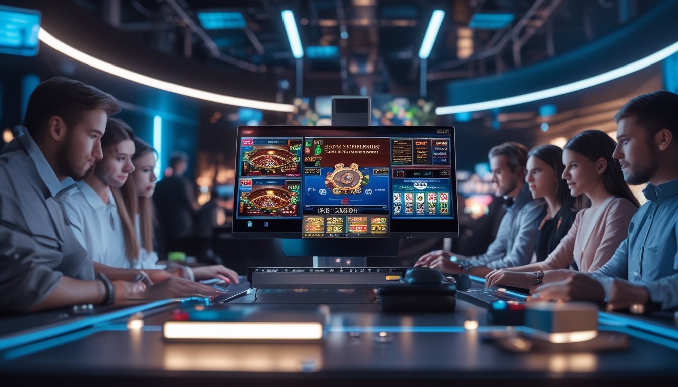 Orang-orang bermain poker kasino online di depan komputer dengan layar menampilkan permainan kasino, di ruangan modern yang terang dan futuristik.