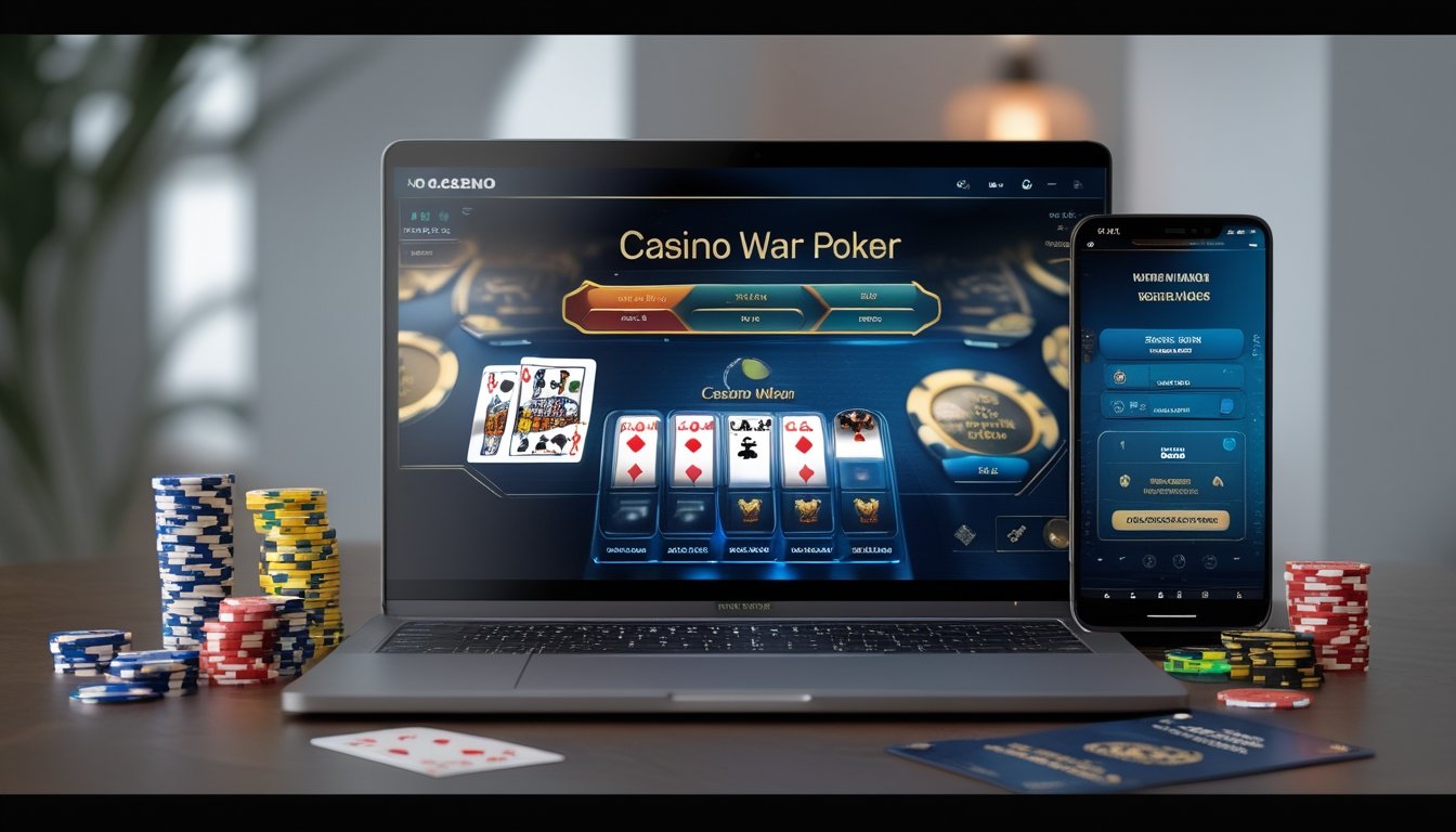 Sebuah laptop dengan tampilan permainan Casino War Poker online, dikelilingi chip poker dan kartu, serta ponsel yang menunjukkan proses verifikasi cepat.