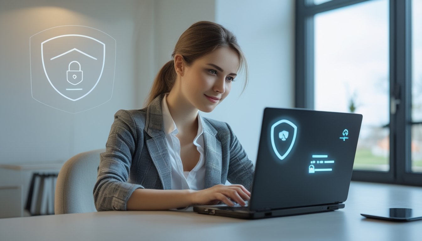 Seorang wanita muda duduk di meja dengan laptop, fokus mencari situs casino online yang aman.