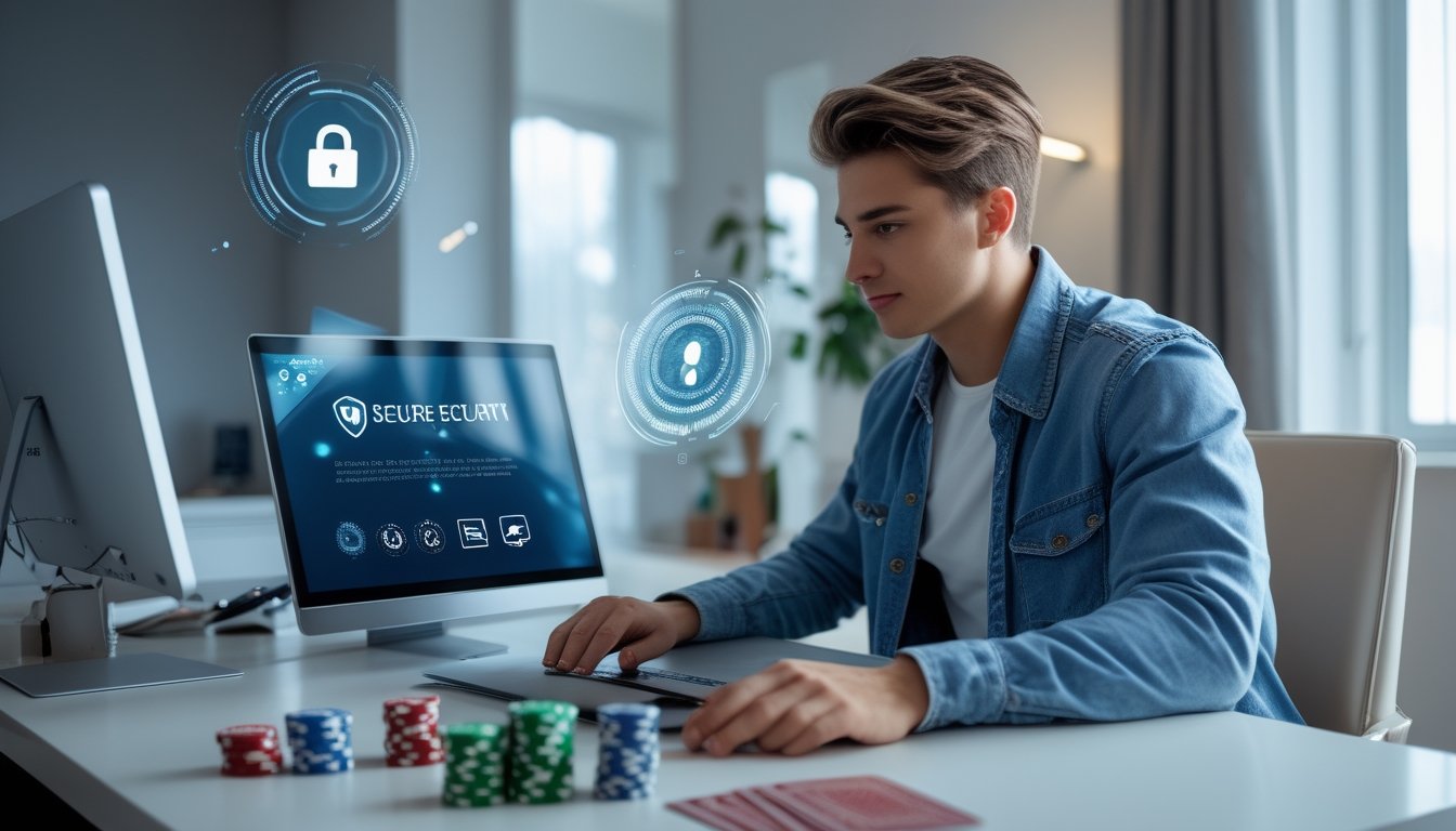 Seseorang duduk di depan laptop dengan ikon keamanan digital di sekitar, menunjukkan konsep keamanan situs casino online yang aman untuk pemain baru.