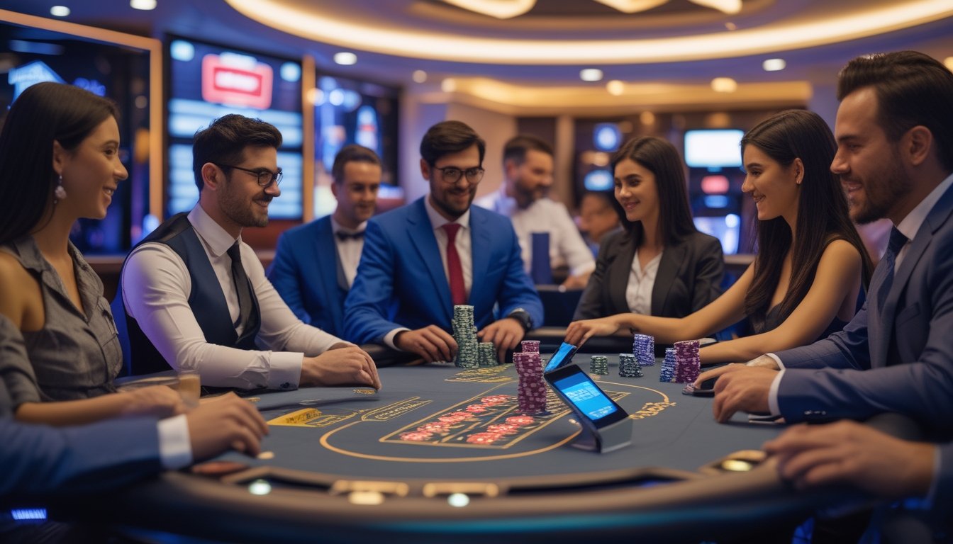 Meja poker di kasino modern dengan pemain yang sedang bermain dan perangkat digital untuk transaksi.