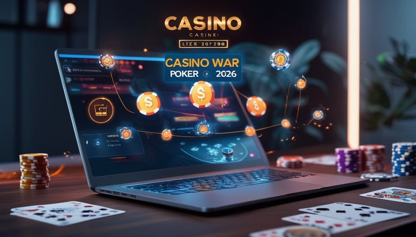 Seorang pengguna laptop dengan meja poker digital dan chip, menggambarkan permainan Casino War Poker online dengan sistem transaksi mudah dan dukungan lengkap.