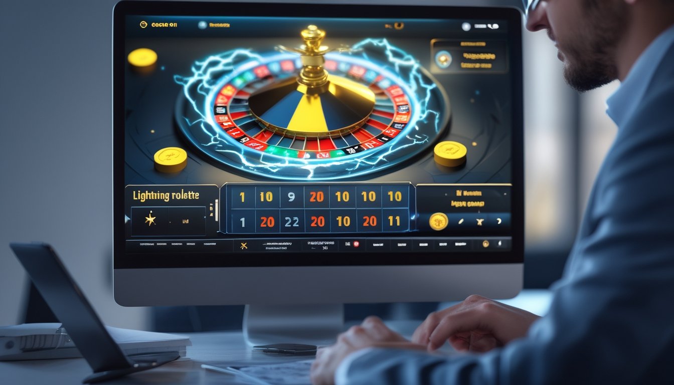 Orang sedang melihat layar komputer dengan permainan Lightning Roulette yang menampilkan roda roulette dan efek petir, di meja terdapat ponsel dan secangkir kopi.