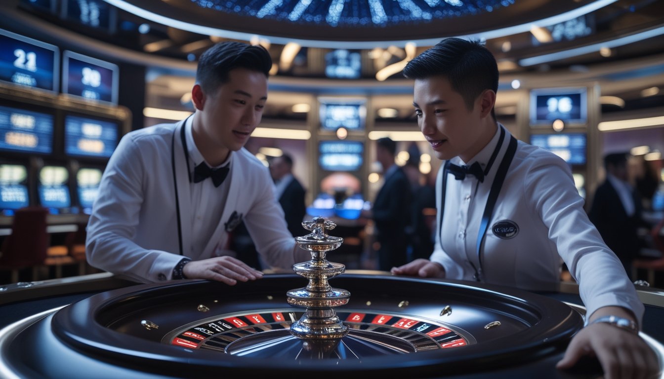Seorang pemain pemula sedang belajar bermain Lightning Roulette di kasino modern dengan dealer yang menjelaskan permainan dan roda roulette yang berdesain petir.