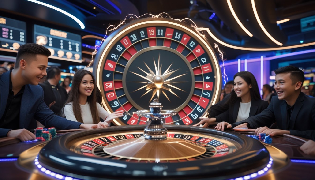 Suasana kasino dengan pemain yang fokus pada permainan Lightning Roulette di meja roulette yang modern dan terang.