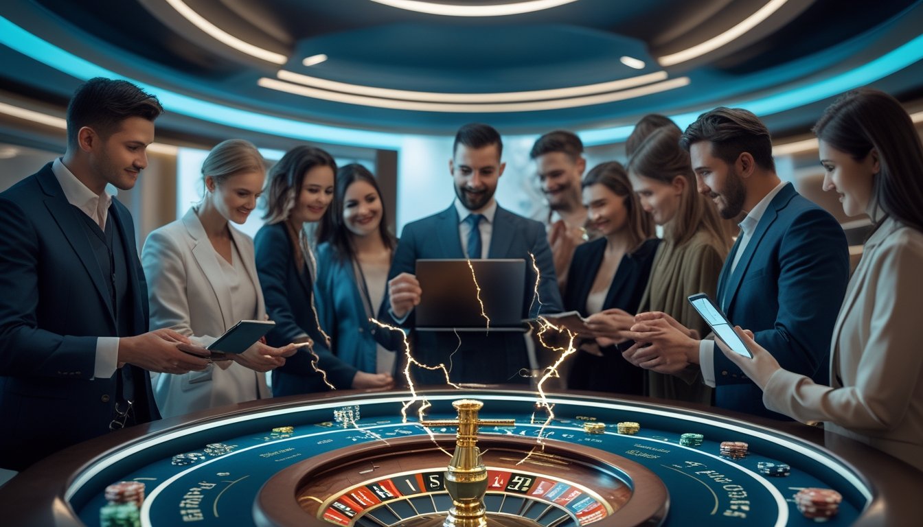 Orang-orang menggunakan perangkat digital untuk bermain roulette online dengan latar belakang meja roulette bercahaya dan efek petir.