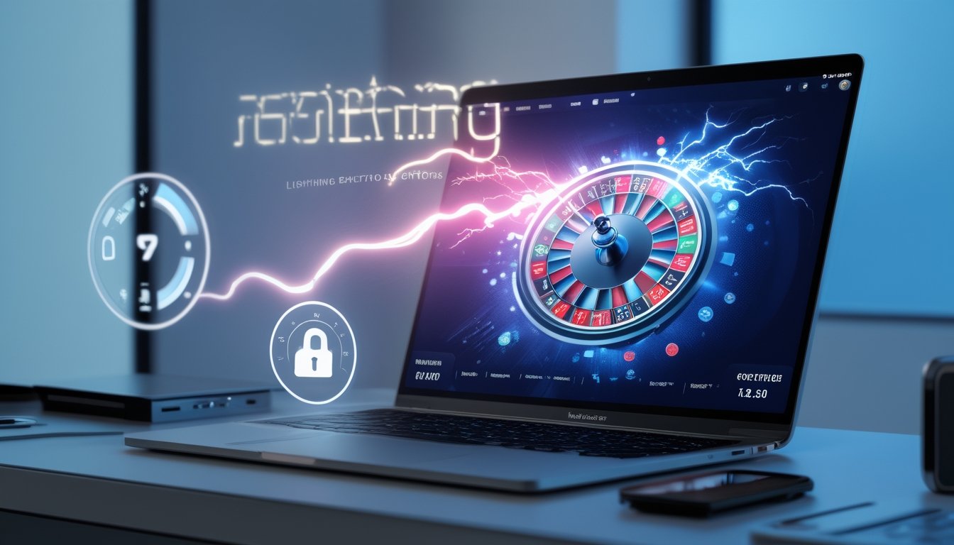 Sebuah setup permainan online dengan layar menampilkan roda roulette yang berkilat dengan efek petir, dilengkapi ikon keamanan dan kartu kredit yang menunjukkan transaksi cepat dan aman.