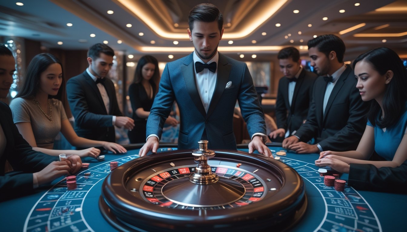 Seorang dealer berdiri di belakang meja roulette dengan pemain yang sedang memasang taruhan di kasino.
