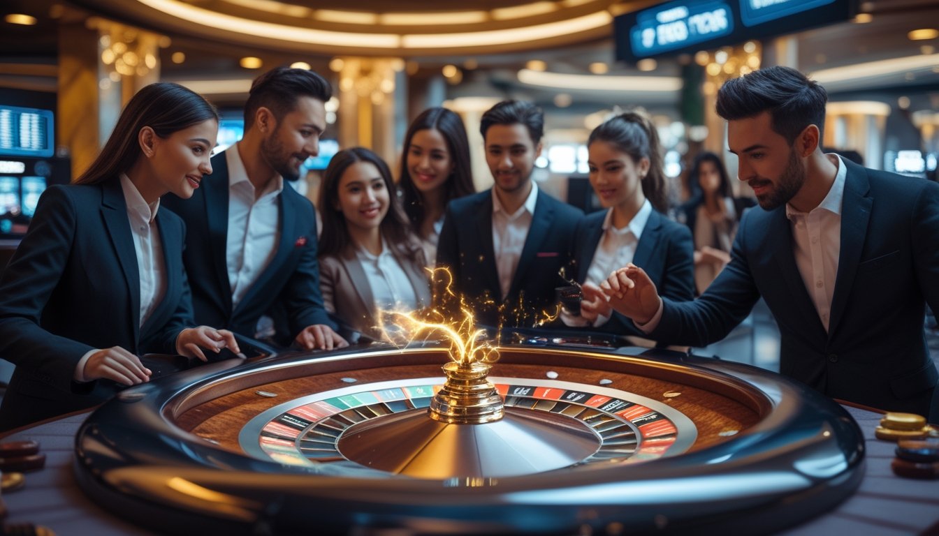 Beberapa orang bermain Lightning Roulette di kasino dengan suasana mewah dan pencahayaan yang menarik.