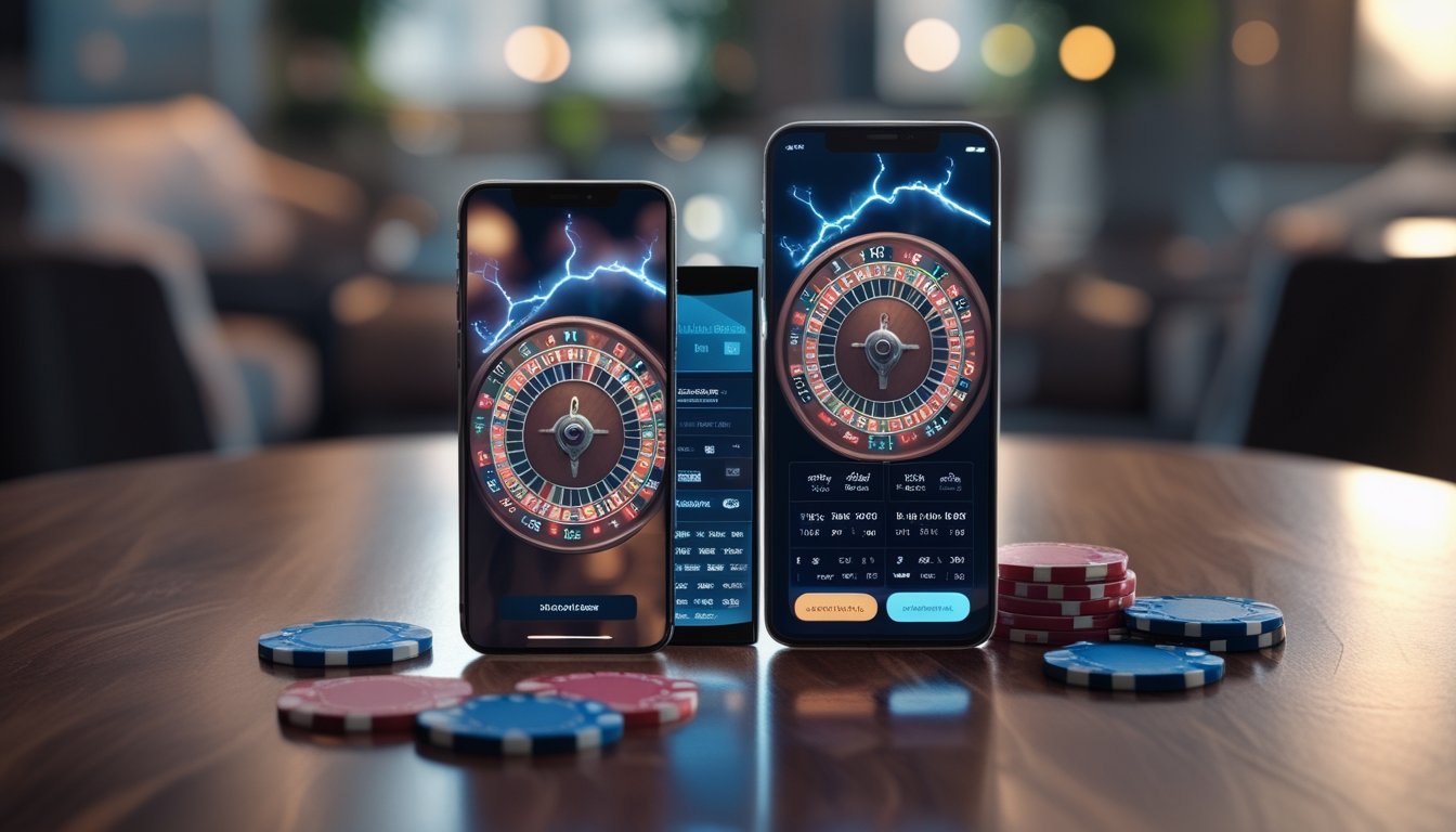 Dua perangkat smartphone, satu Android dan satu iPhone, menampilkan permainan roulette dengan efek petir di layar, diletakkan di atas meja kayu dengan suasana ruangan yang nyaman.