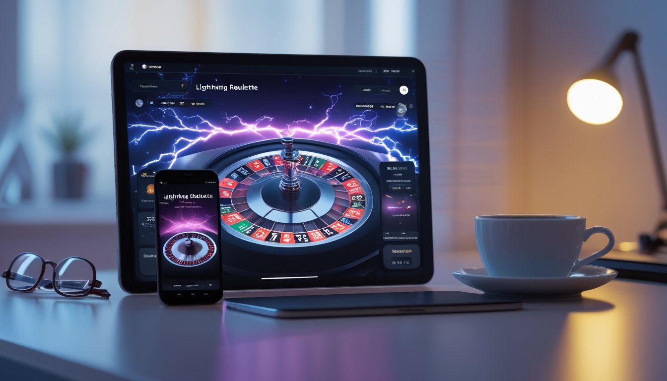 Seorang pengguna sedang bermain Lightning Roulette di smartphone dan tablet di atas meja dengan latar belakang yang samar.