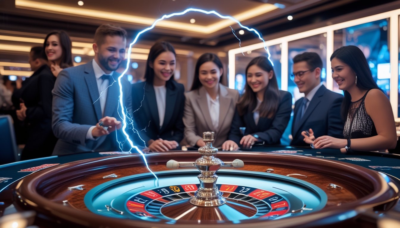 Orang-orang bermain roulette di meja kasino dengan efek petir di sekitar roda roulette, menunjukkan suasana menyenangkan dan antusias.