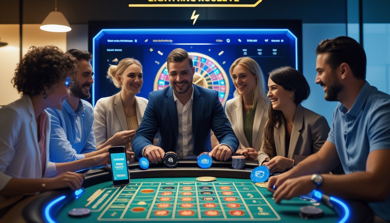 Sekelompok orang sedang bermain roulette online di sebuah ruangan modern dengan layar besar dan suasana cerah.