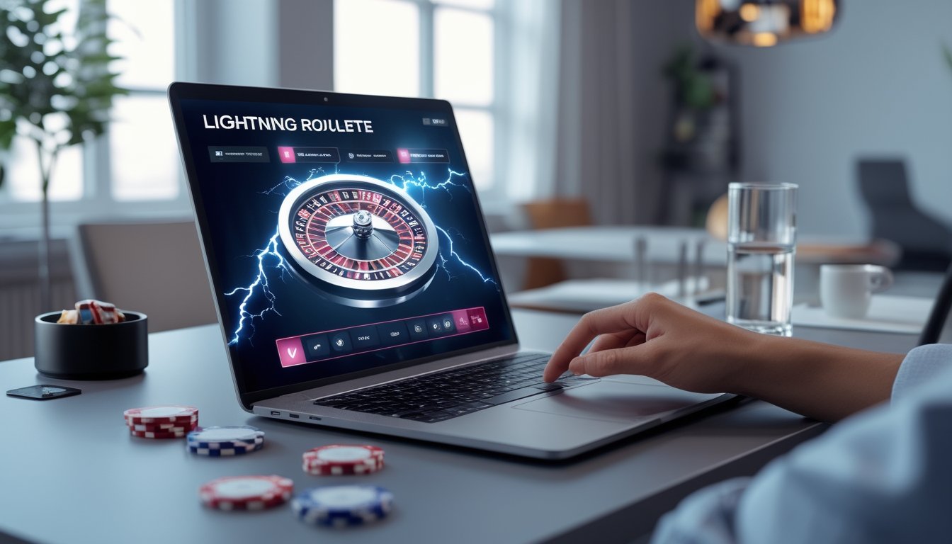 Seseorang menggunakan laptop yang menampilkan permainan Lightning Roulette dengan latar belakang meja yang rapi dan elemen kasino seperti chip dan roda roulette.