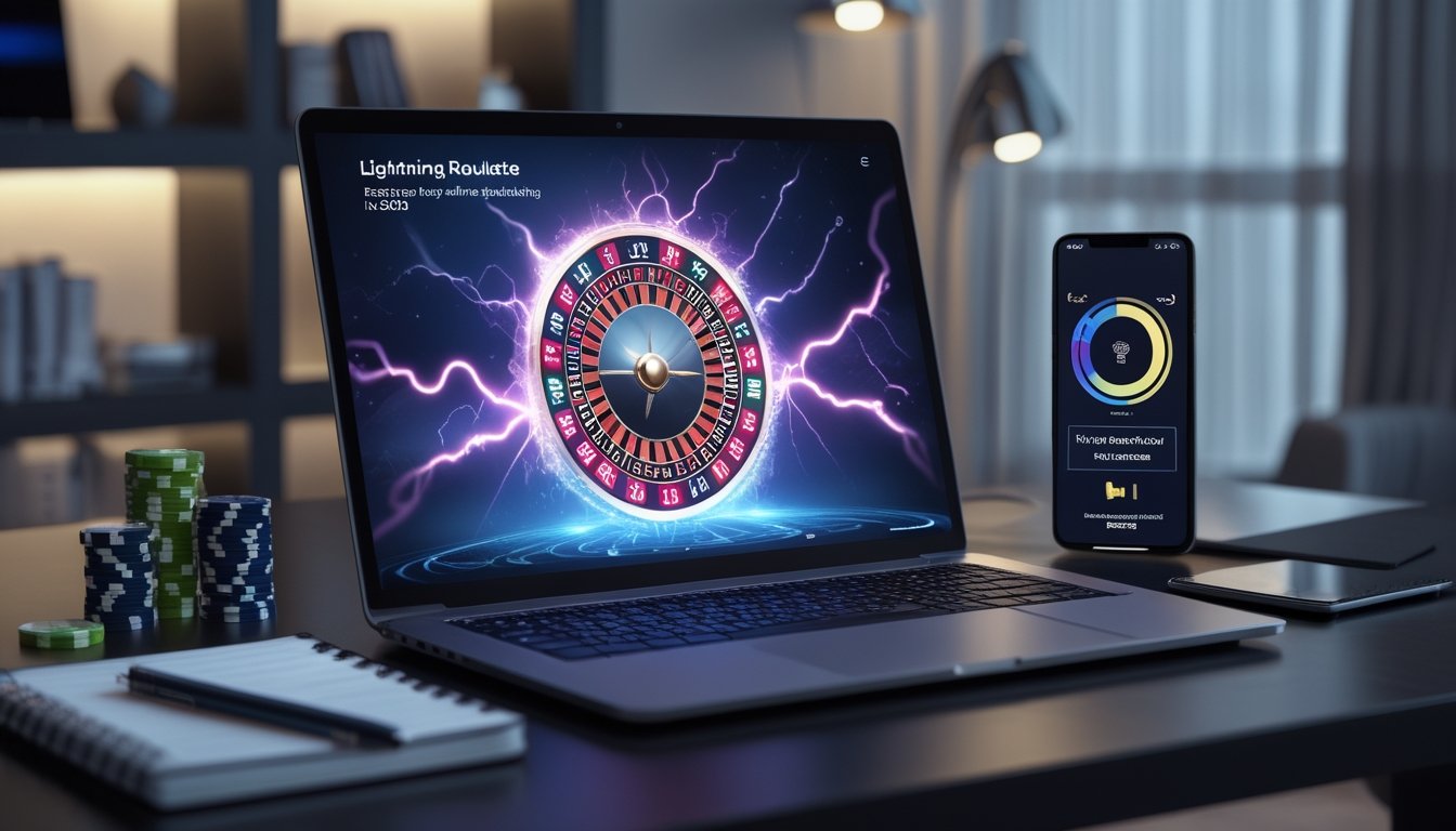 Seorang pengguna sedang bermain Lightning Roulette online di laptop dengan layar menampilkan roda roulette dan efek petir, di meja terdapat chip poker dan ponsel yang menunjukkan proses verifikasi.