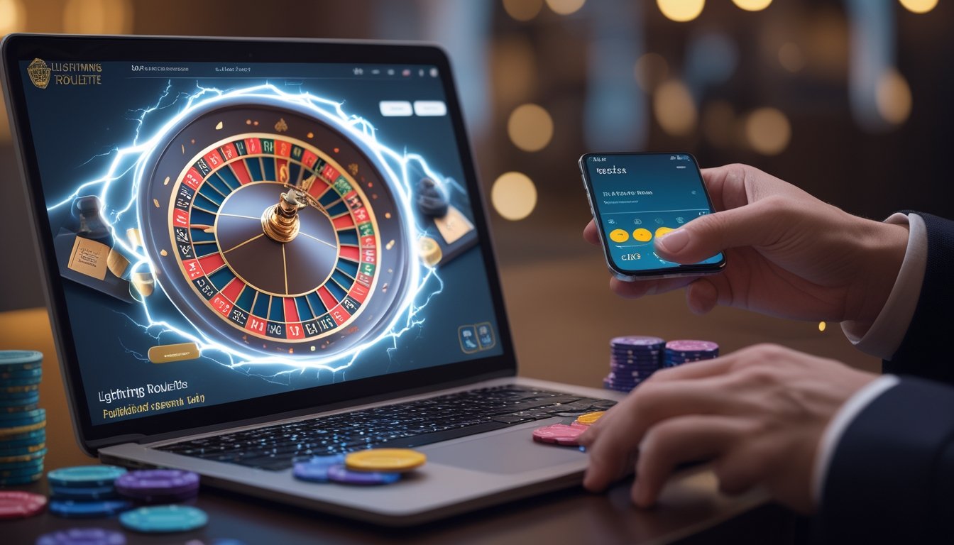 Seseorang bermain Lightning Roulette di komputer dengan chip taruhan dan layar menampilkan roda roulette bercahaya.