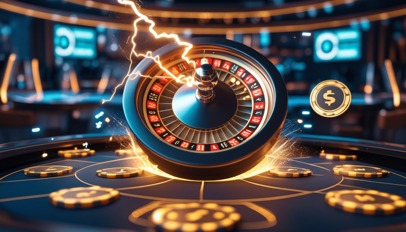 Sebuah meja roulette digital dengan efek petir yang menyala di sekitarnya, dikelilingi oleh chip dan simbol mata uang digital dalam suasana kasino modern.