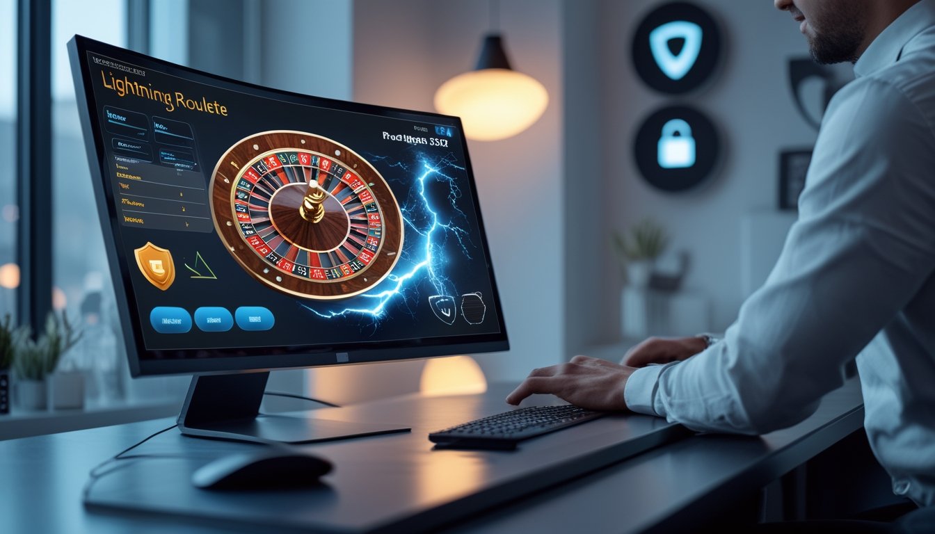 Seseorang menggunakan komputer dengan tampilan roda roulette dan simbol keamanan di layar.