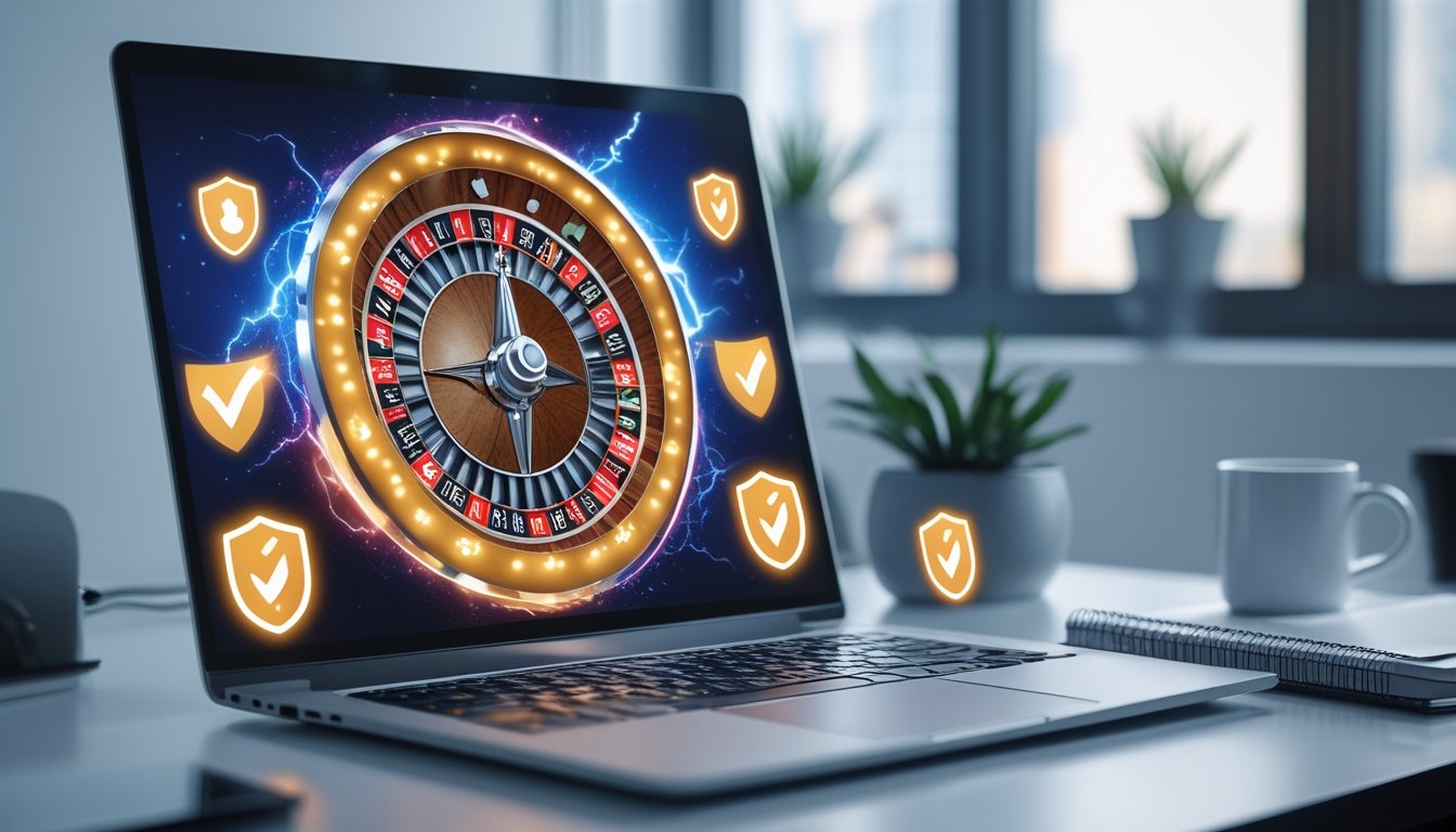 Seorang pengguna komputer dengan layar menampilkan roda roulette dan simbol keamanan seperti gembok dan perisai di lingkungan kantor yang rapi.