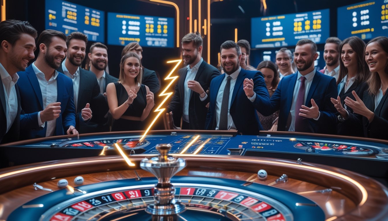 Suasana kasino langsung dengan meja roulette Lightning yang modern dan pemain yang antusias bermain.