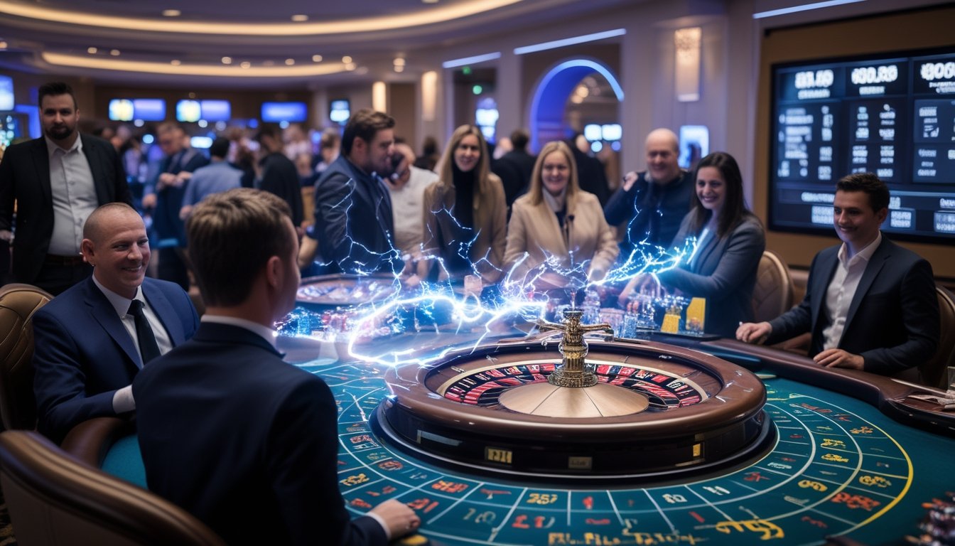 Suasana kasino langsung dengan meja Lightning Roulette yang dikelilingi pemain yang sedang memasang taruhan.