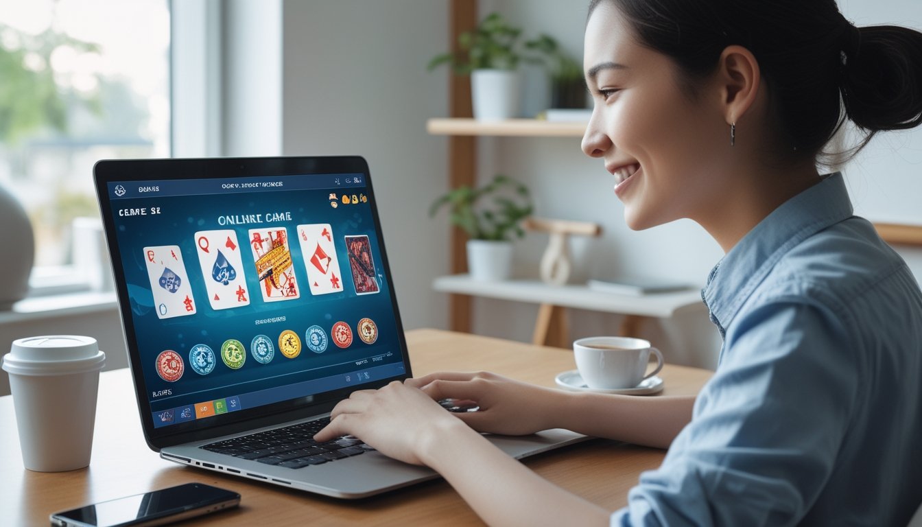 Seorang pemula muda sedang belajar bermain permainan kartu online di sebuah laptop di ruang kerja rumah yang terang.