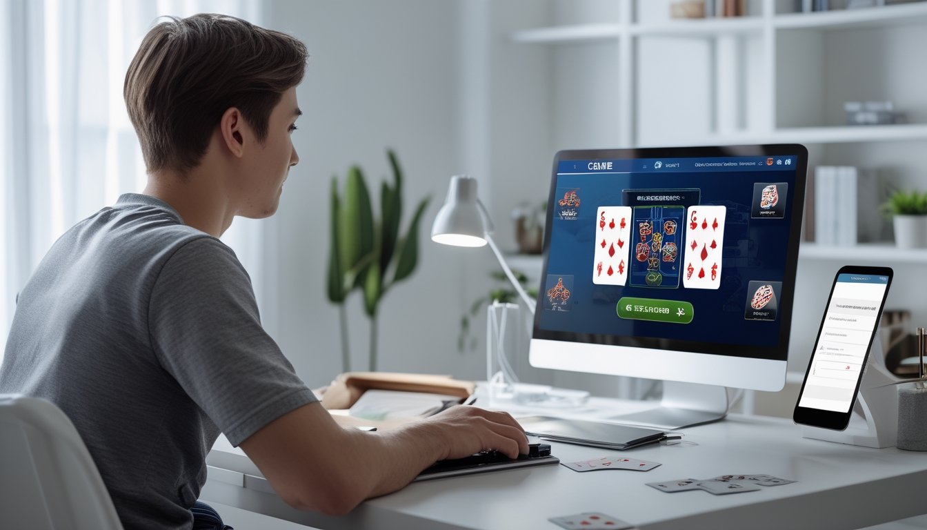 Seorang pria muda duduk di meja dengan laptop dan smartphone, fokus bermain permainan kartu online di ruangan yang terang dan rapi.
