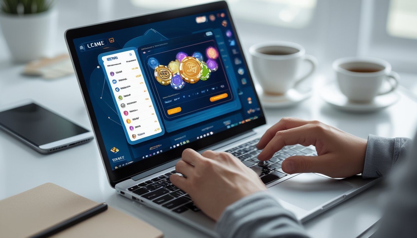 Seseorang menggunakan laptop dengan tampilan permainan online Ceme di meja kerja yang rapi dan terang.