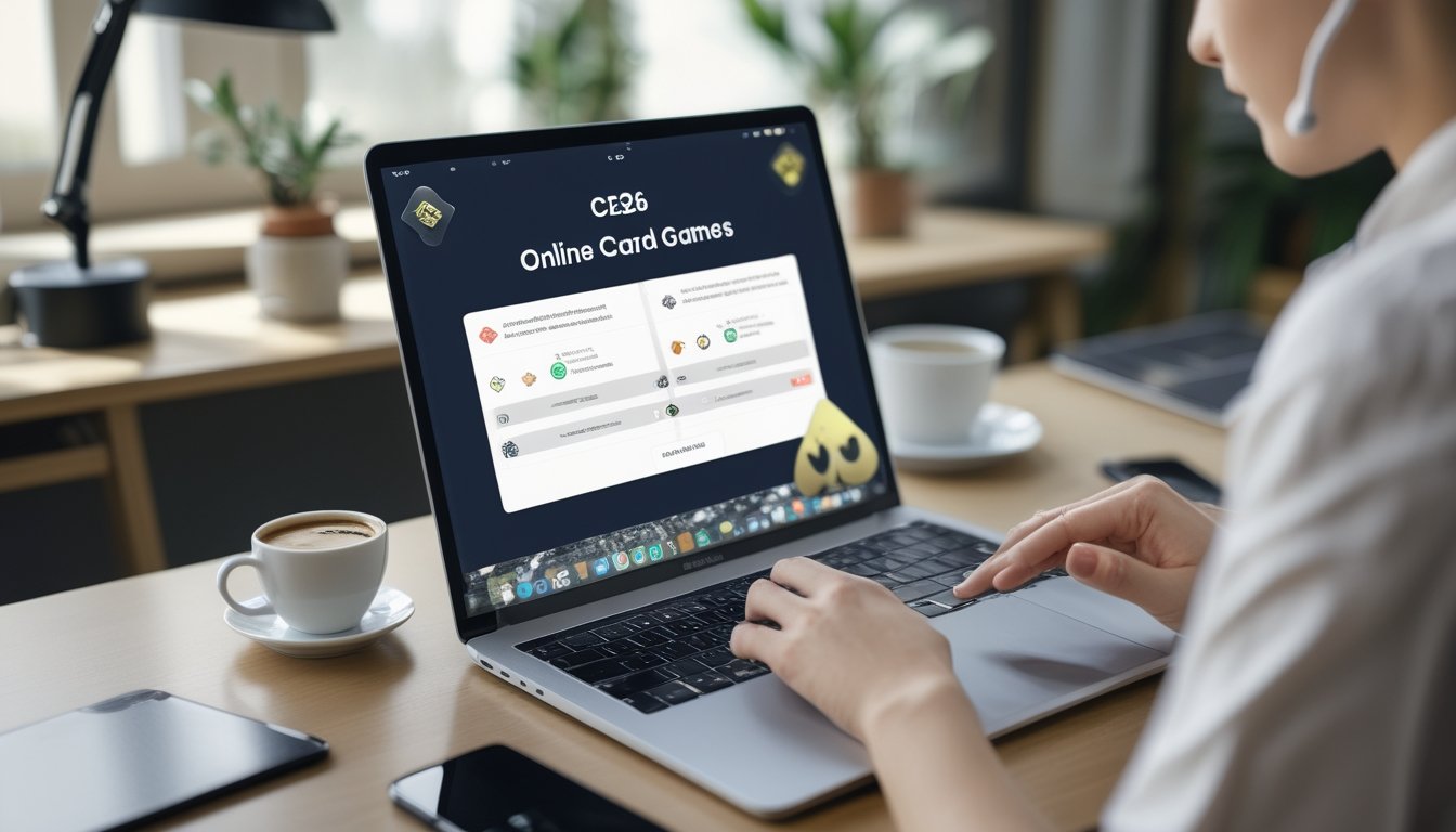 Seseorang menggunakan laptop di meja kerja dengan layar menampilkan permainan kartu online, suasana terang dan rapi.