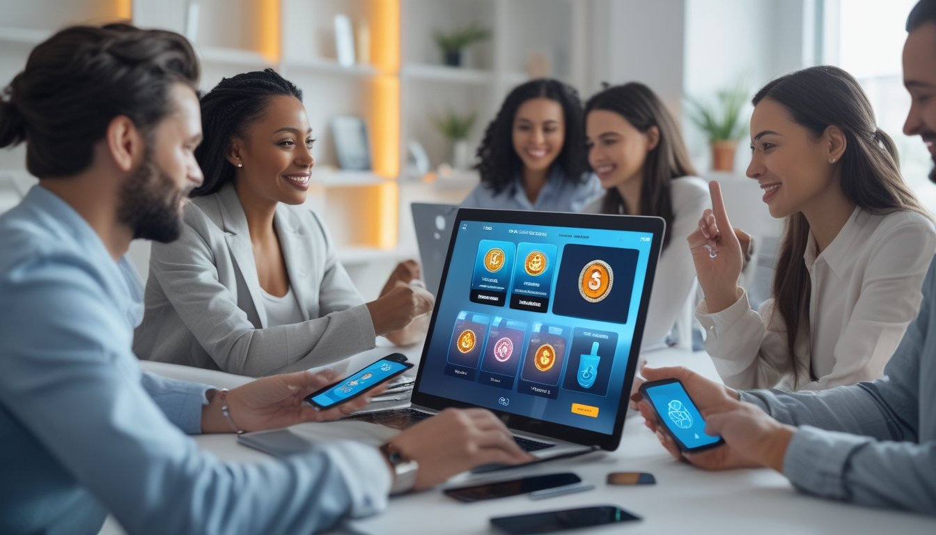 Beberapa orang menggunakan laptop dan ponsel untuk bermain permainan kartu daring di lingkungan yang modern dan terang.