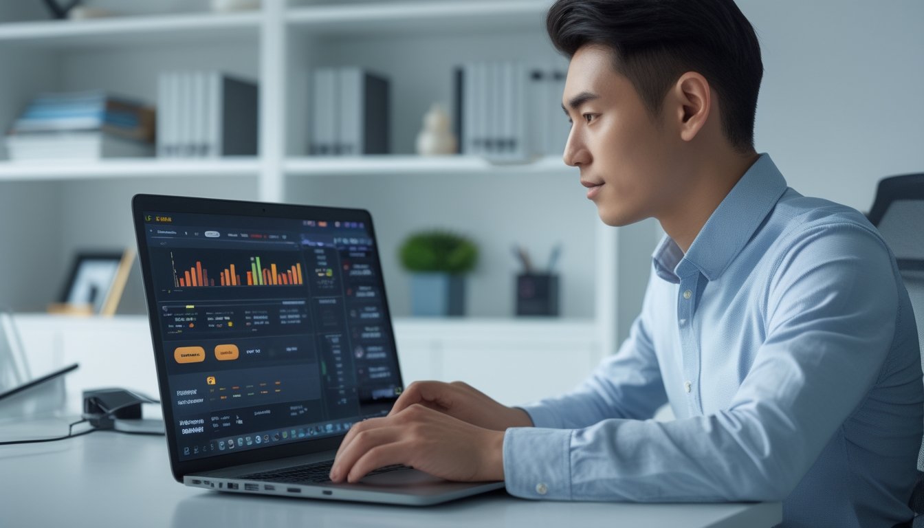 Seorang pria muda Asia duduk di meja modern dengan laptop di ruang kerja rumah yang terang dan rapi.