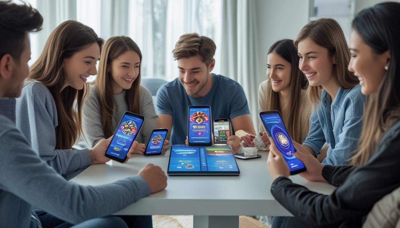Sekelompok orang muda bermain permainan kartu Ceme secara online di ruang tamu yang terang dengan perangkat digital.