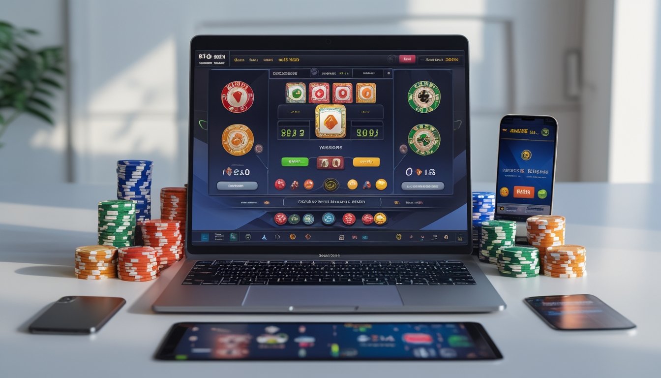 Sebuah setup permainan online Ceme dengan komputer, kartu, dan chip poker di atas meja yang rapi.
