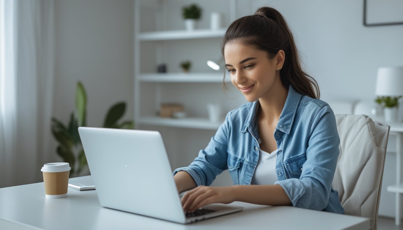 Seorang wanita muda duduk di meja dengan laptop di ruang kerja rumah yang terang dan rapi, terlihat fokus dan santai.