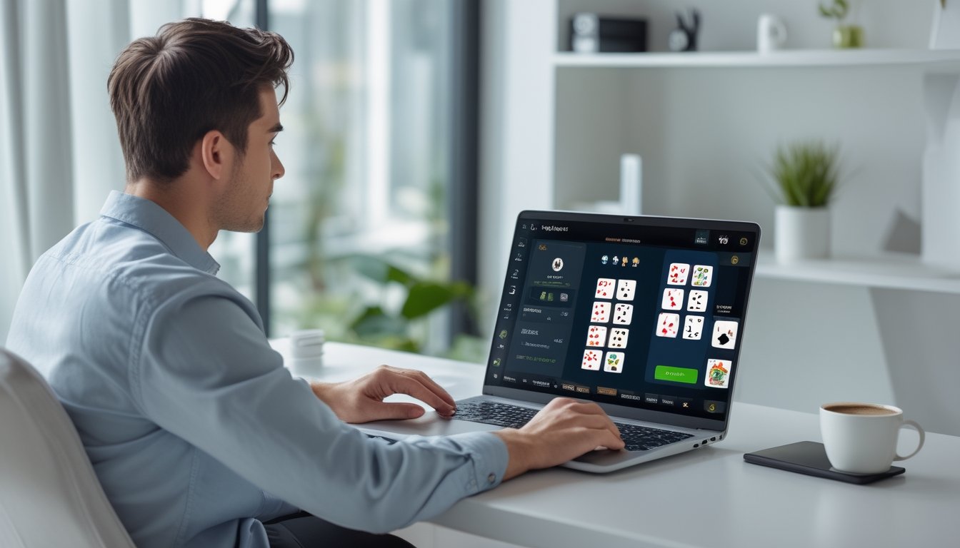Seorang pria muda duduk di meja dengan laptop, fokus bermain permainan kartu online di ruang kerja rumah yang terang dan rapi.