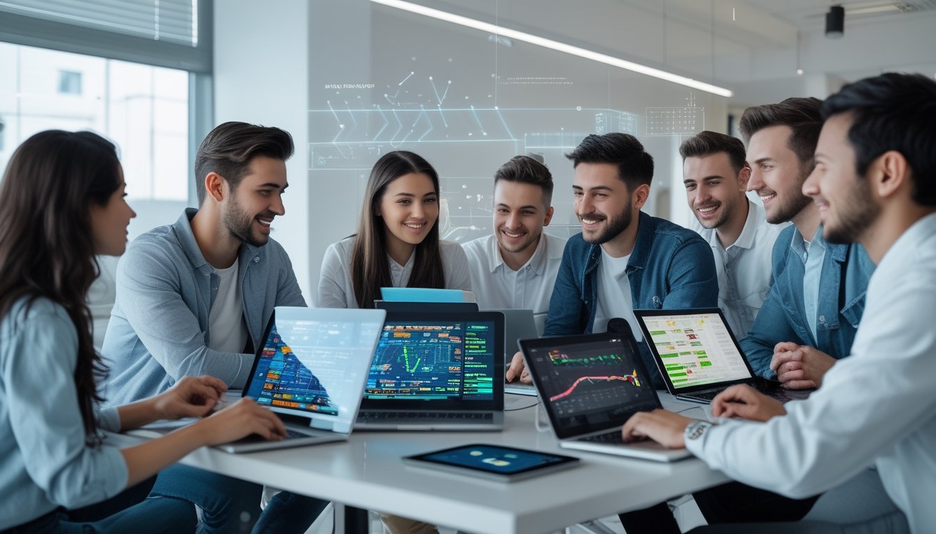 Sekelompok orang muda sedang menggunakan perangkat digital untuk bermain dan mengelola keuangan dalam suasana kantor modern.
