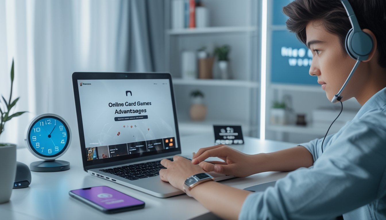 Seorang dewasa muda menggunakan laptop dan ponsel di ruang kerja terang dengan perangkat teknologi modern, menunjukkan suasana layanan online 24 jam untuk permainan kartu.