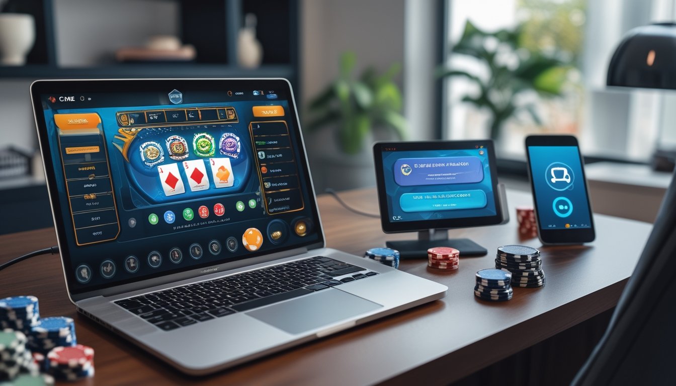 Seseorang bermain permainan kartu Ceme secara online di laptop dengan ponsel yang menampilkan layanan pelanggan 24 jam di meja kerja yang rapi.