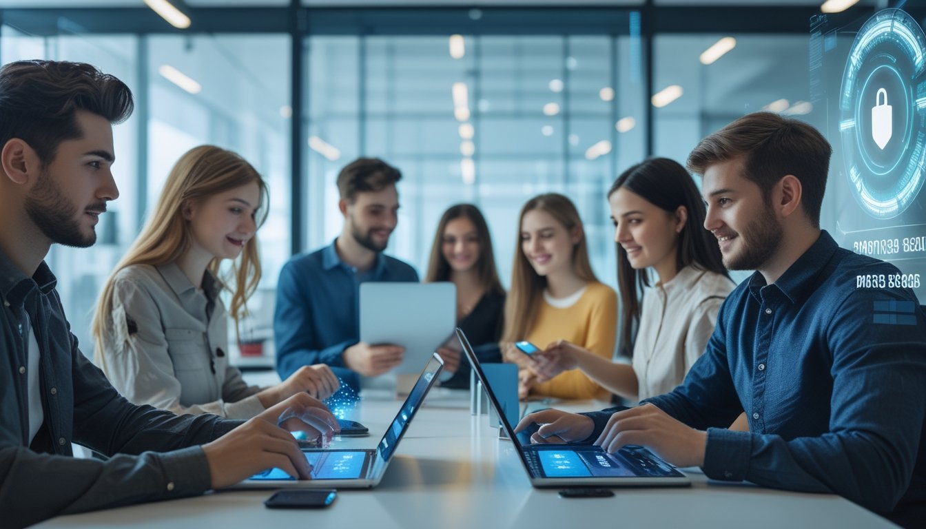 Sekelompok orang menggunakan perangkat digital di ruang kerja modern yang terang, menunjukkan suasana permainan kartu online yang aman dan terpercaya.